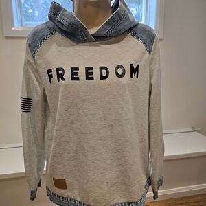 Freedom Graphic Hoodie Sweatshirt - Light Gray with Denim Trim